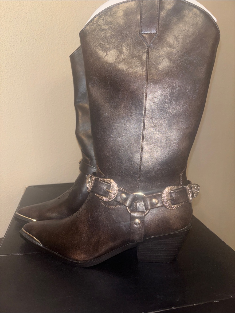 Madden NYC Brown Western Harness Ankle Booties with Decorative Silver Buckles